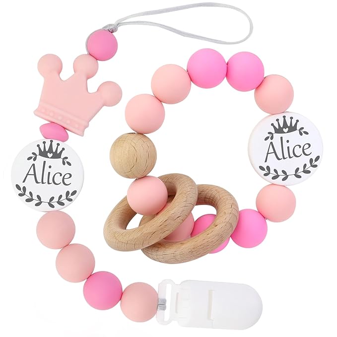 Personalized Rattle with Name can be Used with a Customized Pacifier Clip for Boy and Girl Gift (Set) (Pink)