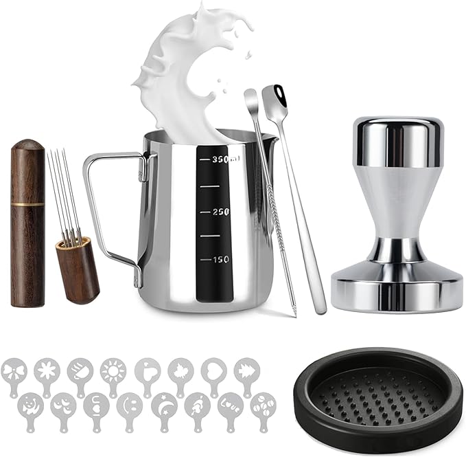 Espresso Accessories Kit 51mm Tamper: 51mm Espresso Tamper Set Barista Tools Including Coffee Tamper, Milk Frother Cup, WDT Tool Espresso Tools, Tamper Mat, Latte Pen, Coffee Spoon, Coffee Stencils