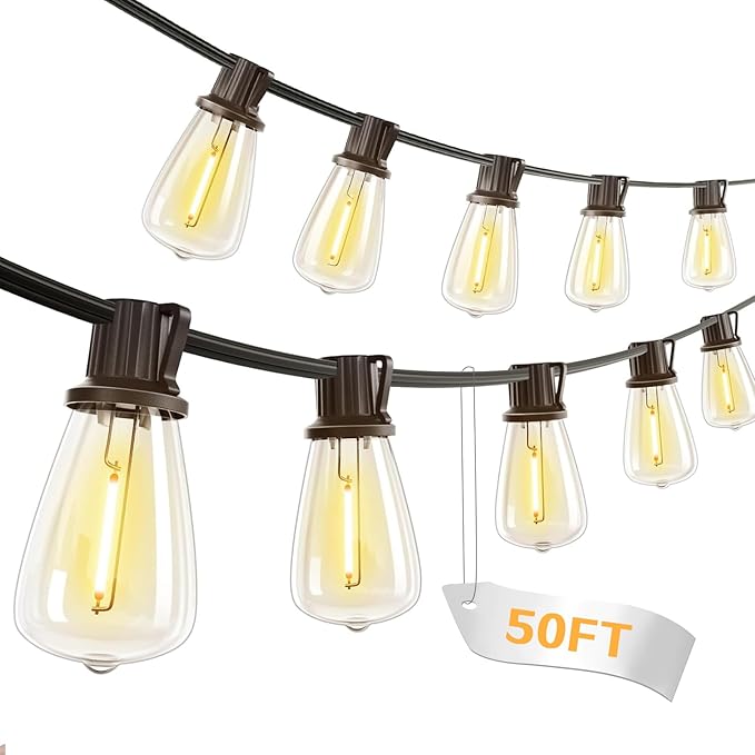50 FT Outdoor Patio Lights String, 17+2 Shatterproof LED Bulbs Waterproof Hanging Lights Plug in, Fence Balcony Camping Backyard Garden Porch Bistro Cafe Decor with 2700K Warm White
