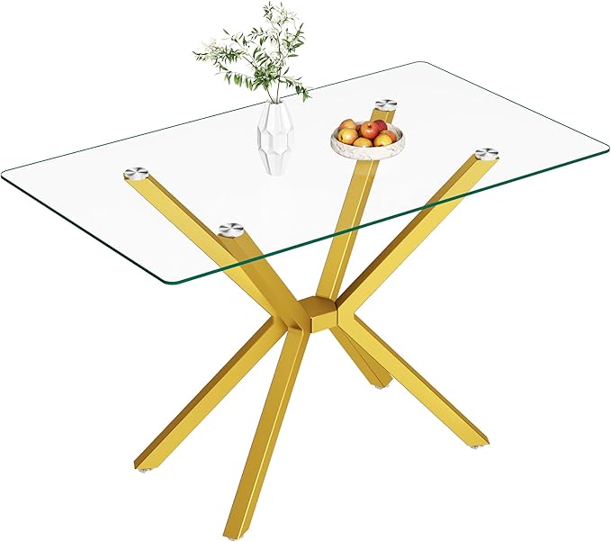 47.2" Glass Dining Table, Modern Kitchen Table for 4 People, Contemporary Rectangular Dining Room Dinner Tables with Clear Glass Top & Gold Metal X Legs for Kitchen Apartment