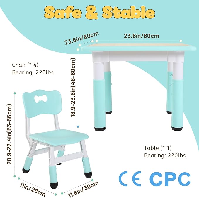 FUNLIO Kids Table and 4 Chairs Set, Height Adjustable Toddler Table and Chair Set for Ages 3-8, Easy to Wipe Arts & Crafts Table, for Classrooms/Daycares/Homes, CPC & CE Approved (5-Piece Set) - Green
