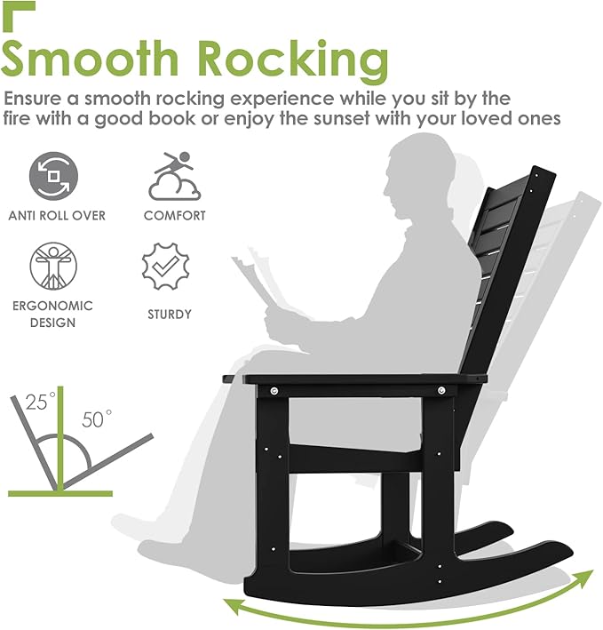 GREENVINES Outdoor Rocking Chair Set | 3-Piece | 2 Rocking Chairs with 1 Side Table | Porch Rocker | HDPE Plastic | Black | Patio Furniture Sets | High Back | Big & Tall | Ladder Back