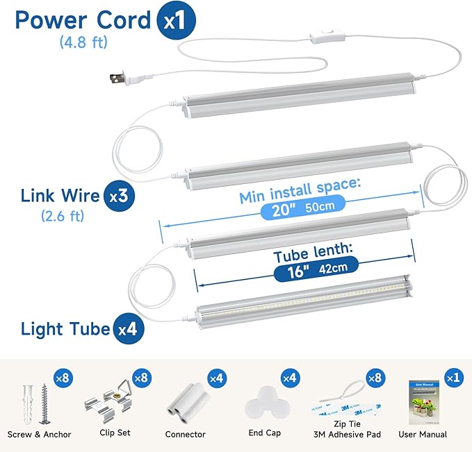 Plant Lights for Indoor Growing Seedlings - 16 in Long, 4-Count (10W x4) Full Spectrum T5 Grow Light Bars for Seed Starting, 4000K White LED Grow Lamp w/Reflectors for Shelf/Rack