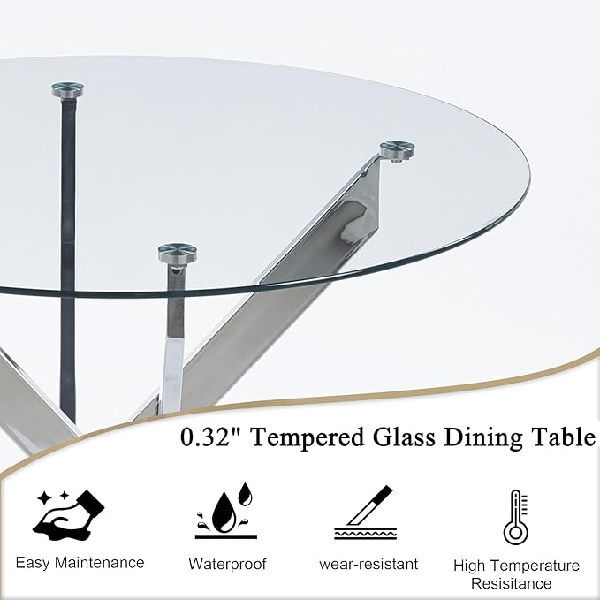 36" Round Dining Table for 4, Modern Clear Glass Kitchen Table for 4 with Silver X Metal Legs, Contemporary Small Circle Dining Room Leisure Tables for Kitchen Apartment