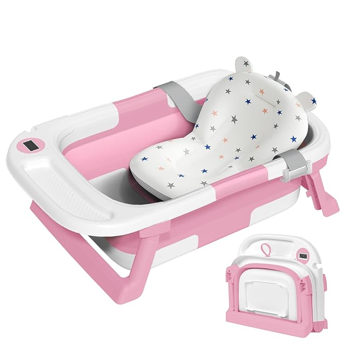 Collapsible Baby Bathtub,Baby Bath Tub with Thermometer & Soft Cushion,Baby Bathtub for Newborn to Toddler 0-36 Months,Portable Travel Baby Tub with No-Slip Feet,Baby Shower Gifts,Pink