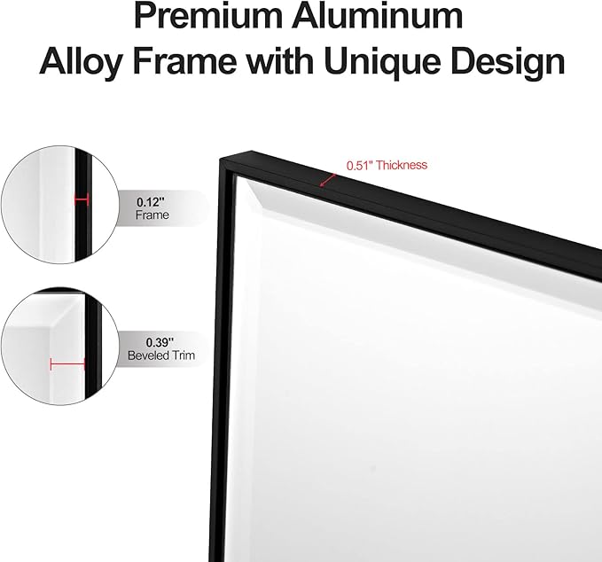 20x40 Inch Black Mirror with Beveled Trim, Aluminum Frame Bathroom Vanity Mirror, Copper-Free Mirror, Rectangle Wall Mounted Mirror, Modern Rectangular Mirror Horizontal or Vertical
