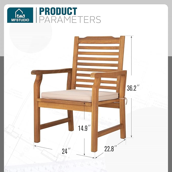 MFSTUDIO 2 Pieces Acacia Wood Patio Dining Chairs, Natural Oil Finished Teak Outdoor Dining Chair Set of 2, Slat Back Patio Dining Set Teak Outdoor Chairs with Removable Cushion for Garden, Backyard