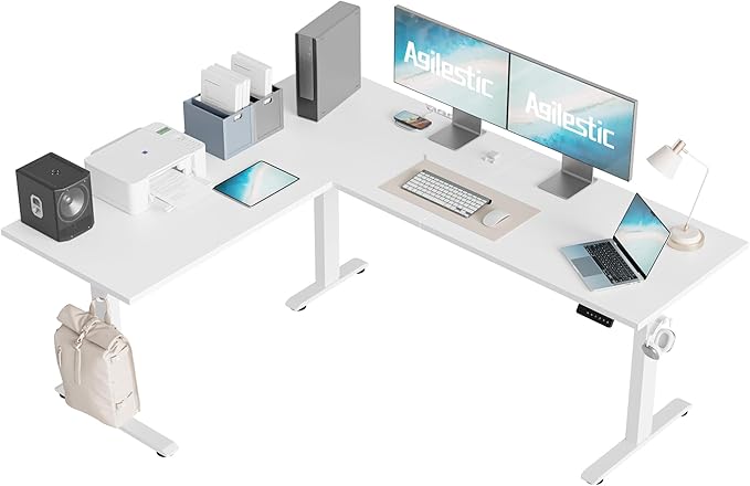 Agilestic Triple Motors 73" x 60" L Shaped Standing Desk, Electric Standing Desk Adjustable Height, Extra Large Desktop Corner Table for Home Office, Gaming Workstation, Splice Board, White