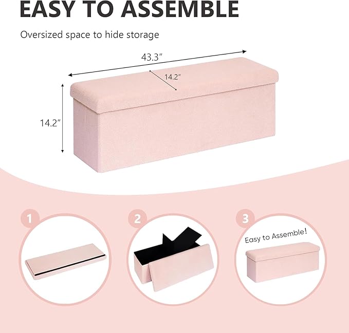 43 Inches Storage Ottoman Bench - Extra Large Foldable Ottoman with Storage, Bench for Living Room, Bedroom, Entryway - Pink