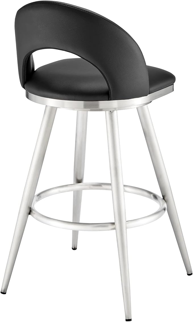 Armen Living Charlotte Swivel Bar Stool in Brushed Stainless Steel with Black Faux Leather