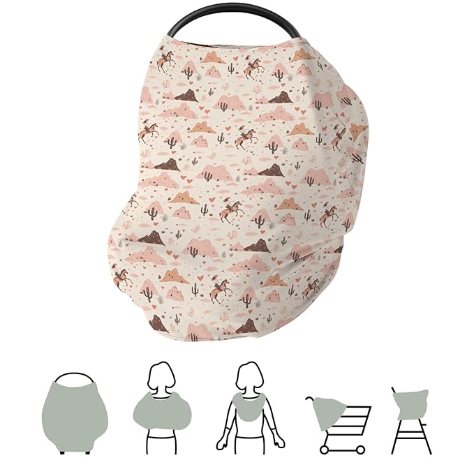 Pink Western Cowgirl Love Baby Car Seat Covers Retro Cowgirl Cactus Horse Stretchy 5-in-1 Cover Adjustable Infant Carseat Canopy Cover Wild Desert Country Breathable Nursing Cover-Up