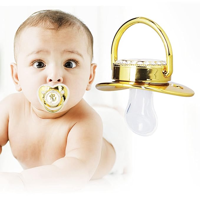 Personalized Golden Letter Pacifier Set with Bling Design, Clips, Anti-Dust Cover for Baby Photography, Size M