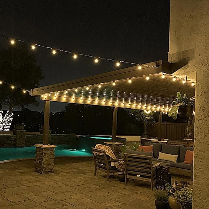 Novelty Lights 100 Feet G40 LED Patio String Light Set with 67 Bulbs, Warm White, Weather Resistant and Shatterproof Replaceable Plastic Globe Bulbs, Green Wire
