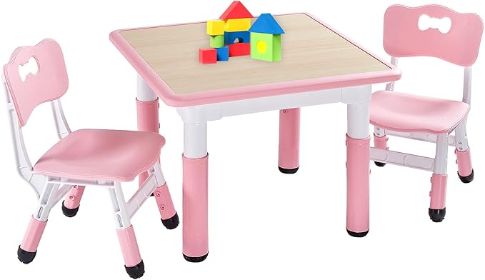 FUNLIO Kids Table and 2 Chairs Set, Height Adjustable Toddler Table and Chair Set for Ages 3-8, Easy to Wipe Arts & Crafts Table, for Classrooms/Daycares/Homes, CPC & CE Approved (3pcs Set) - Pink
