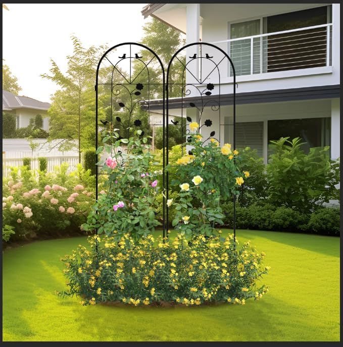 LZRS 4 Pack Rustic Iron Arch Decoration Garden Trellis with Black Metal Coating – Perfect for Supporting Climbing Plants Outdoor, Roses, Vines, Flowers, and Vegetables.
