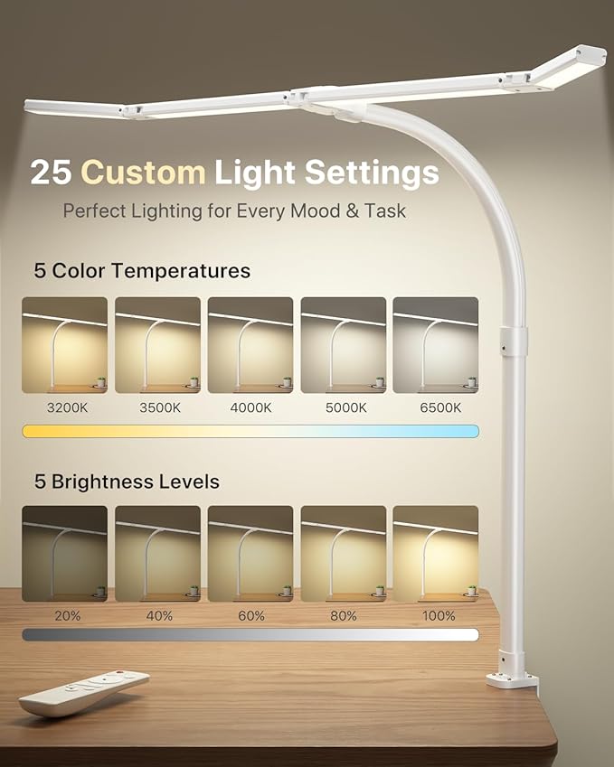 ONEMIX 42" LED Desk Lamp with Clamp, Architect Desk Light with Remote, Adjustable 4-Segment Bar, 1800LM Bright, Eye-Caring Desk Lamp for Home Office, Reading, Study, Dual Monitors, Workbench (White)