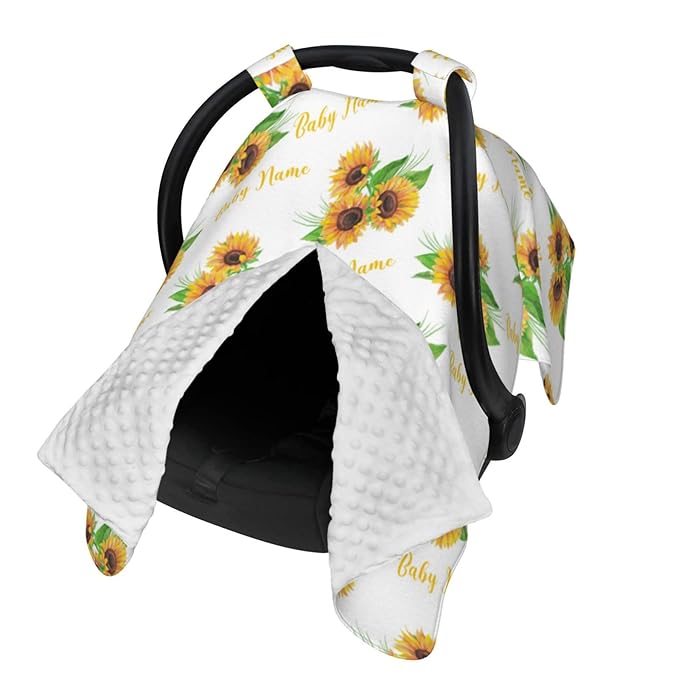 Personalized Sunflower Baby Car Seat Canopy for Babies with Name, Custom Car Seat Covers Boys Girls, Peekaboo Opening Minky Nursing Breastfeeding Cover Infant Car Seat Canopies for Newborn