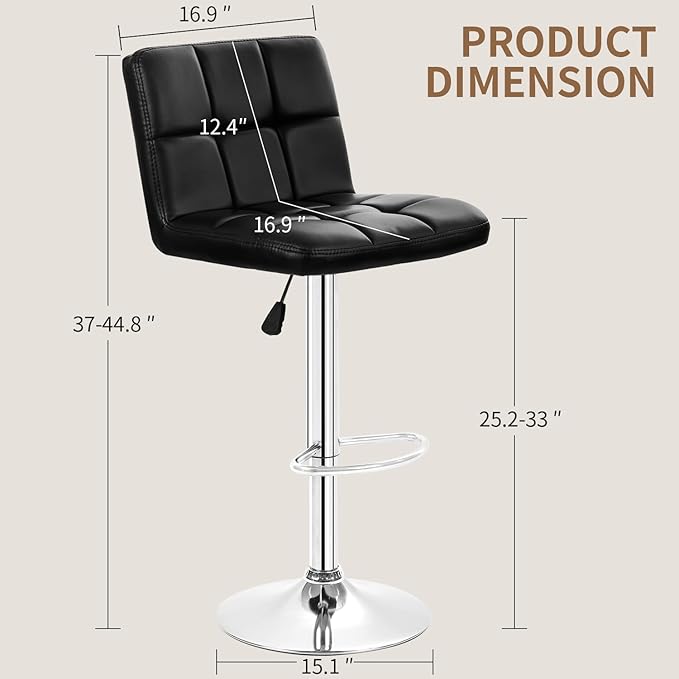 BestOffice Bar Stools Set of 2, Adjustable PU Leather Swivel Barstools, Modern Counter Stools with Back and Footrest, Counter Height Barstools for Bar, Kitchen and Dining Room