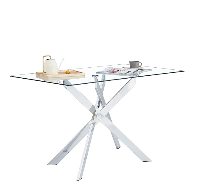 HomVent 51.18" Rectangular Clear Tempered Glass Dining Table,Stylish Design with Silver Metal Legs, Dining Table for Dining Room
