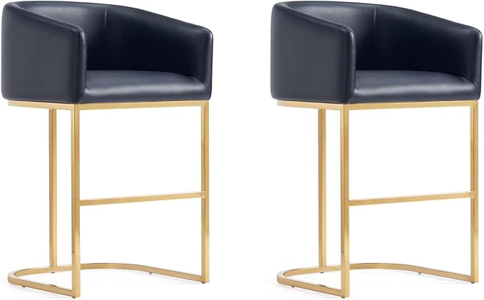 Manhattan Comfort Louvre 26 Inch Mid Century Modern Counter Height Bar Stools - Elegant Faux Leather Padded Seat, Stainless Steel Base with Footrest, Fully Assembled Barstools, Set of 2, Black & Gold