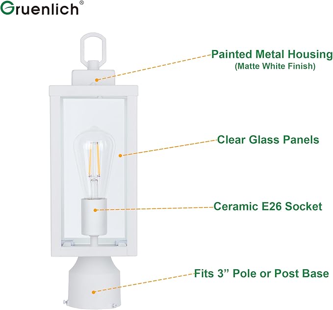 GRUENLICH Outdoor Post Lighting Fixture Pole Lantern, E26 Medium Base Max 60W, Metal Housing Plus Glass, Matte White Finish, Bulb Not Included, 1 Pack