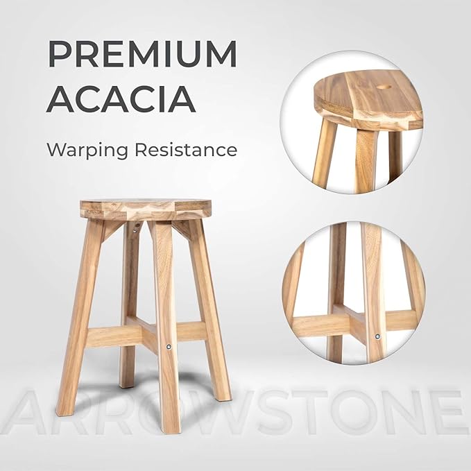 Round Stool Acacia Wood, 18" Height, 11'' Round Top, Backless, Easy Assembly, Natural Wax Finish, Wooden Stool for Plant, Dining Room, Kitchen Counter, Makeup