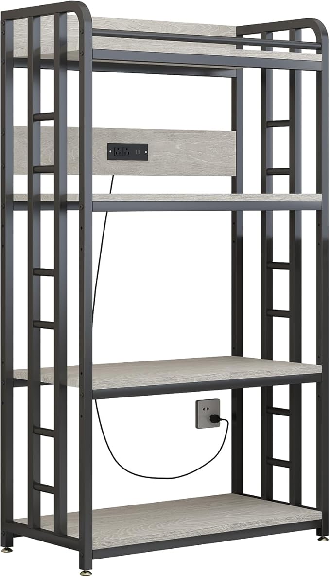 Adjustable 4-Tier Heavy Duty Kitchen Baker's Rack with Power Outlet, with Industrial Wheels, Free Standing Microwave Oven Cart Stand for Storage in Living Room, Garage, Greige