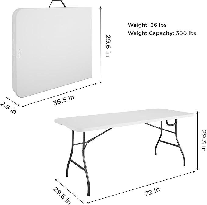 Cosco 6ft Fold-in-Half Blow Molded Folding Table, Indoor/Outdoor, Comfort Handle, Lightweight Plastic Construction - White