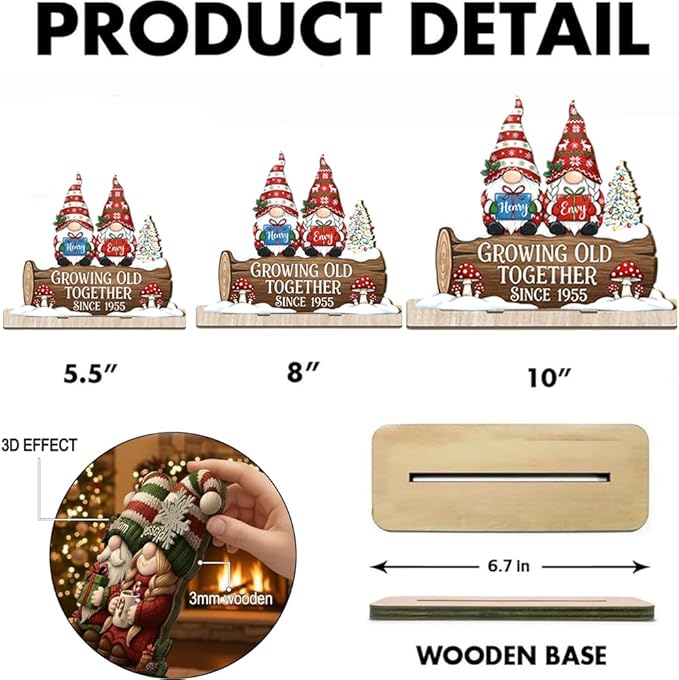Growing Old Together Christmas Decor,Personalized Gnome Couple Wooden Plaque, Holiday Gift for Parents or Grandparents, Romantic Wooden Sign Keepsake for Couples, Winter Anniversary Decoration