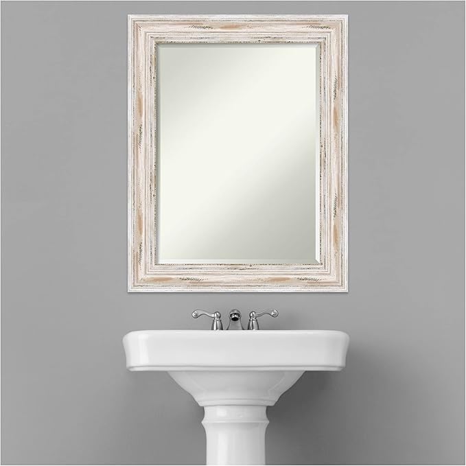 Amanti Art White Bathroom Mirror for Over Sink, 29x23 Alexandria White Wash Rectangle Vanity Mirror, Medium Coastal Wood Frame, Hangs Horizonally and Vertically, Bathroom Wall Decor, Beveled Edge