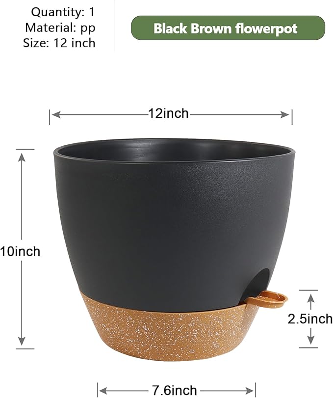 12 inch Large Self Watering Pots, Flower Plant Pots with Drainage Holes for Indoor Outdoor Garden Plants, Plastic Planters with Removable Deep Reservoir, Black with Brown