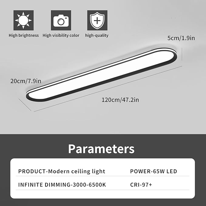 47.1 Inch Metal LED Ceiling Light,Slim, Edge Lit - 65W Full Spectrum Linear Ceiling Lamps,6500K Cool White Modern Ultra Thin Low Profile Light Fixture for Kitchen, Home & Office Hallway