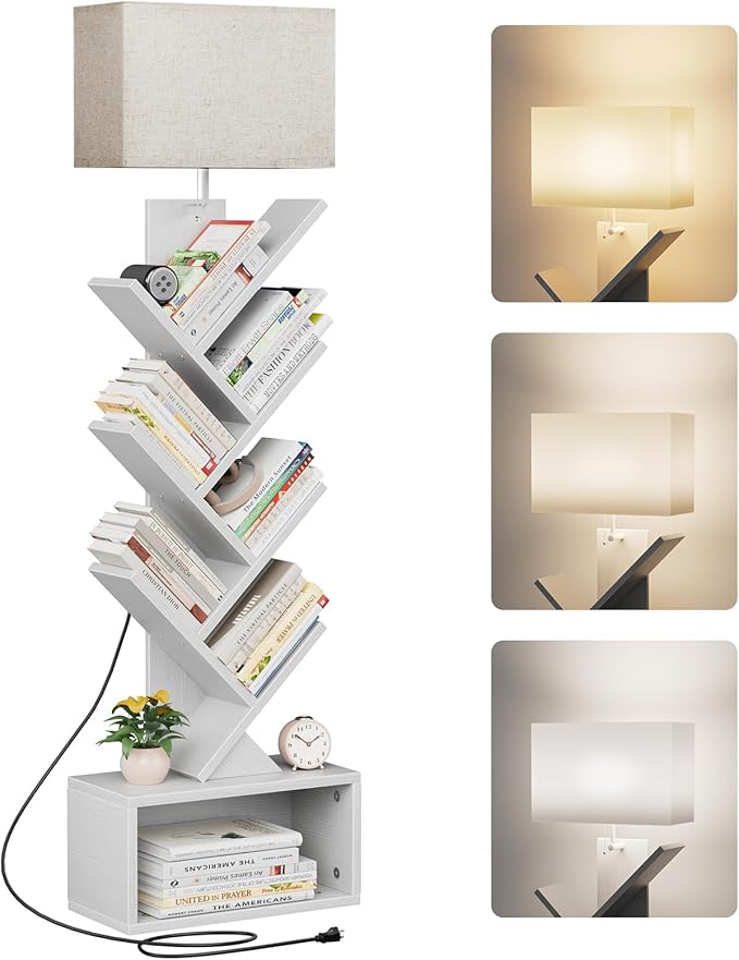 6 Tier Tree Bookshelf with Light, Narrow Bookcase Tower, Tall Floor Standing Book Shelf Organizer with Storage Cabinet for Living Room, Bedroom and Home Office, White