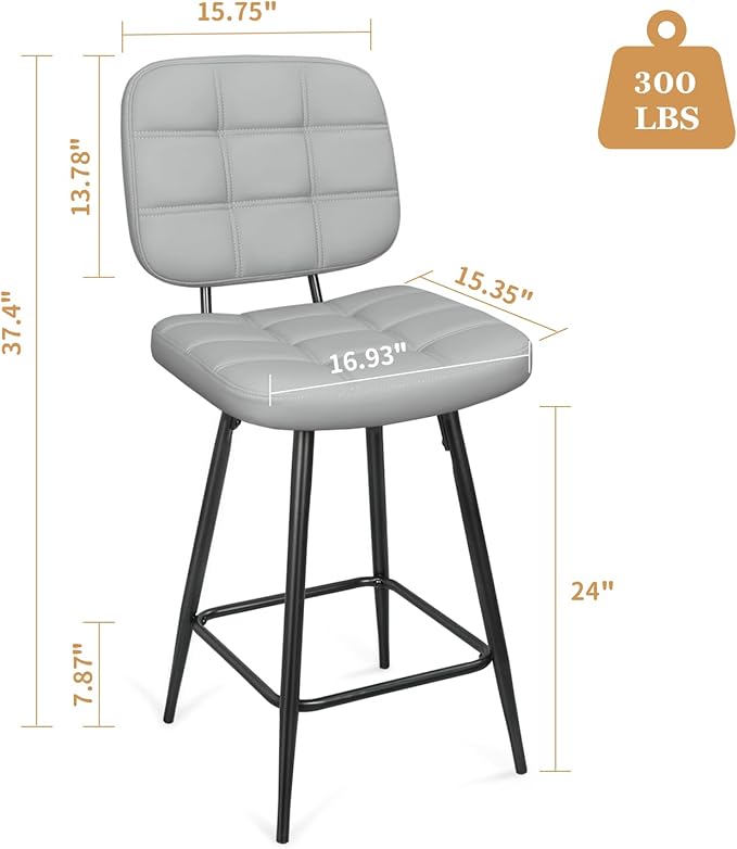 Bar Stools Set of 2, 24 Inch Upholstered Metal Barstool with Back and Footrest, Bar Chair with Metal Base for Dining Room Counter Island, Light Grey