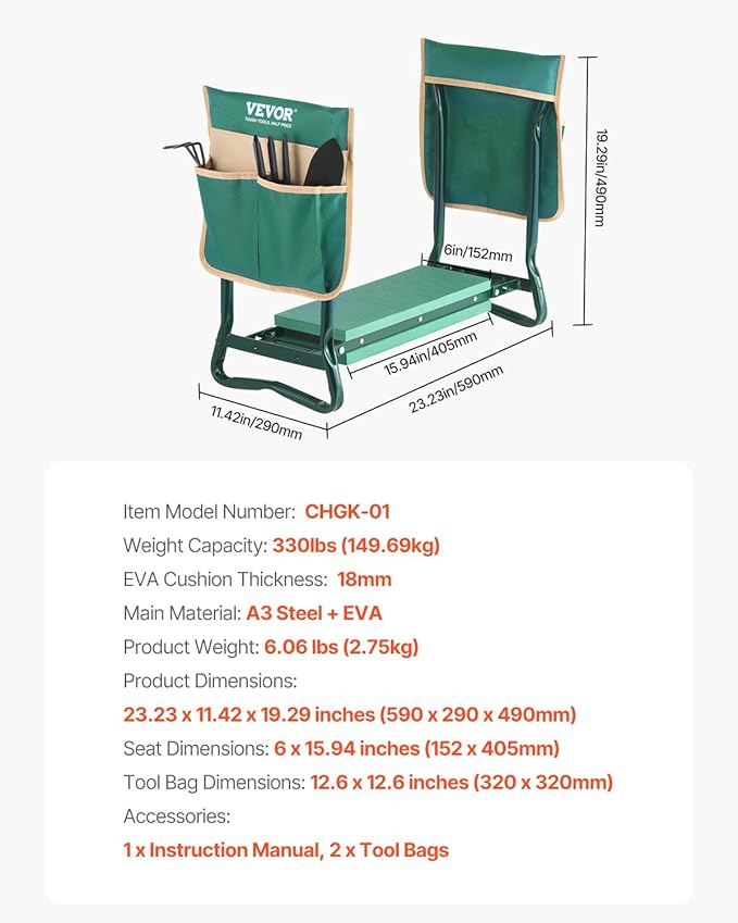 VEVOR Garden Kneeler and Seat Heavy Duty, Portable Garden Stool with 6'' EVA Kneeling Pad and 2 Tool Bags, Folding Garden Bench to Relieve Knee & Back Pain, Great Gifts for Seniors, Family Gardeners