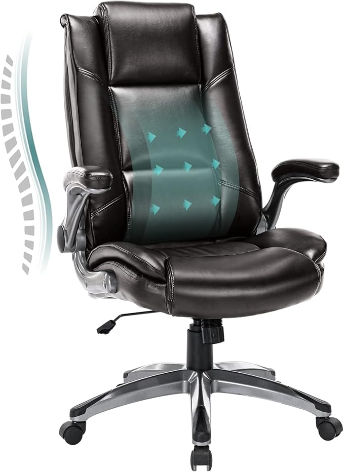 Leather Executive Office Chair - High Back Home Computer Desk Chair with Padded Flip-up Arms, Adjustable Tilt Lock, Swivel Rolling Ergonomic Chair for Adult Working Study, Brown