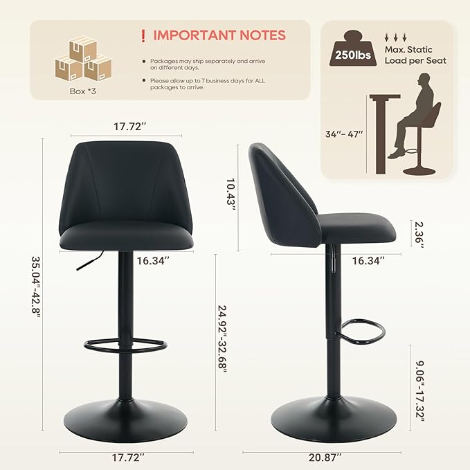 COLAMY Bar Stools Set of 6, Modern Swivel Bar Chairs, Adjustable PU Leather Upholstered Barstools Counter Height with Full Backrest for Bar, Dining Room, Kitchen Island, Black