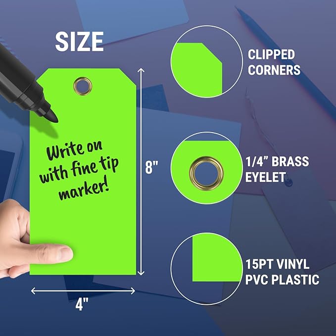 Tags 4 Less 15 Mil Waterproof Plastic Tags, Pack of 100 – 4” x 8” Heavy Duty Plastic Tags for Labeling, Outdoor Tagging, Equipment Labeling, Luggage, Valves & More (Fluorescent Green)