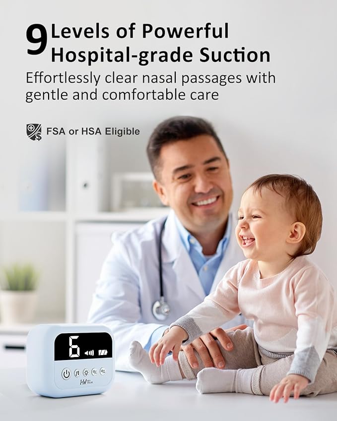 HEYVALUE Nasal Aspirator for Baby, Hospital Grade Nose Sucker with 9 Levels Suction, Night Light and Nursery Rhyme Soothing, Electric Nose Suction for Baby with Food-Grade Silicone Tips Blue