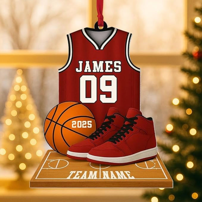 Famitrendz Custom Basketball Christmas Ornaments 2025, Custom Name Basketball Acrylic Christmas Tree Decorations, 2D Flat Baller Ornaments for Tree 04