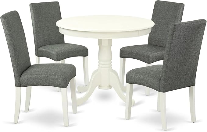 East West Furniture ANDR5-LWH-07 5 Piece Dinette Set for 4 Includes a Round Kitchen Table with Pedestal and 4 Gray Linen Fabric Parson Dining Room Chairs, 36x36 Inch, Linen White