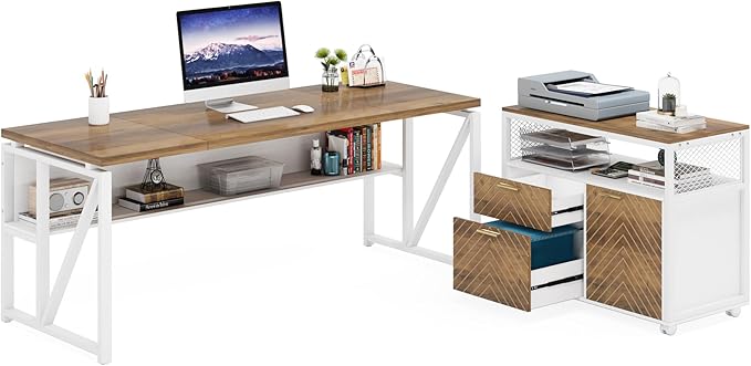Tribesigns Office Desk with Drawers Sets, 63 inches L Shaped Computer Desk with Mobile File Cabinet,Big Executive Desk for Home Office Furniture Sets (Light Walnut, 63-inch)
