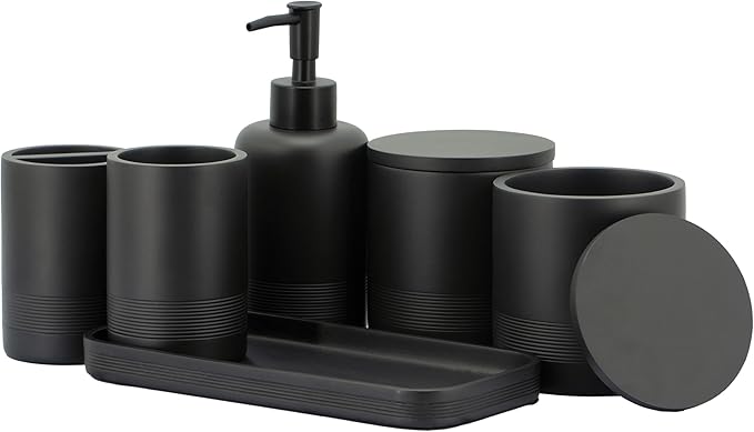 ZCCZ Black Matte Bathroom Accessories Set 6 Pieces - Toothbrush Holder, Lotion Dispenser, Qtip Container, Vanity Tray, Tumbler - Countertop Organizer for Bathrooms - Elegant and Functional Décor Set