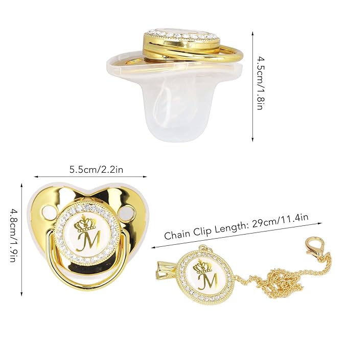 Personalized Golden Letter Pacifier Set with Bling Design, Clips, Anti-Dust Cover for Baby Photography, Size M