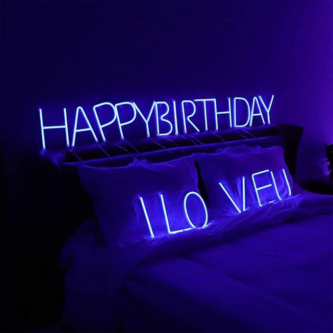 LED Blue Neon Letter Signs Words Alphabet Letter Sign Battery/USB Operated LED Marquee Word Lamps Party Accessories Wall Hanging Decor for Birthday Wedding Party Bar Bedroom (O)