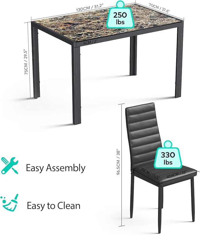 Gizoon Glass Dining Table Sets for 6, 7 Piece Kitchen Table and Chairs Set for 6 Person, PU Leather Modern Dining Room Sets for Home, Kitchen, Living Room