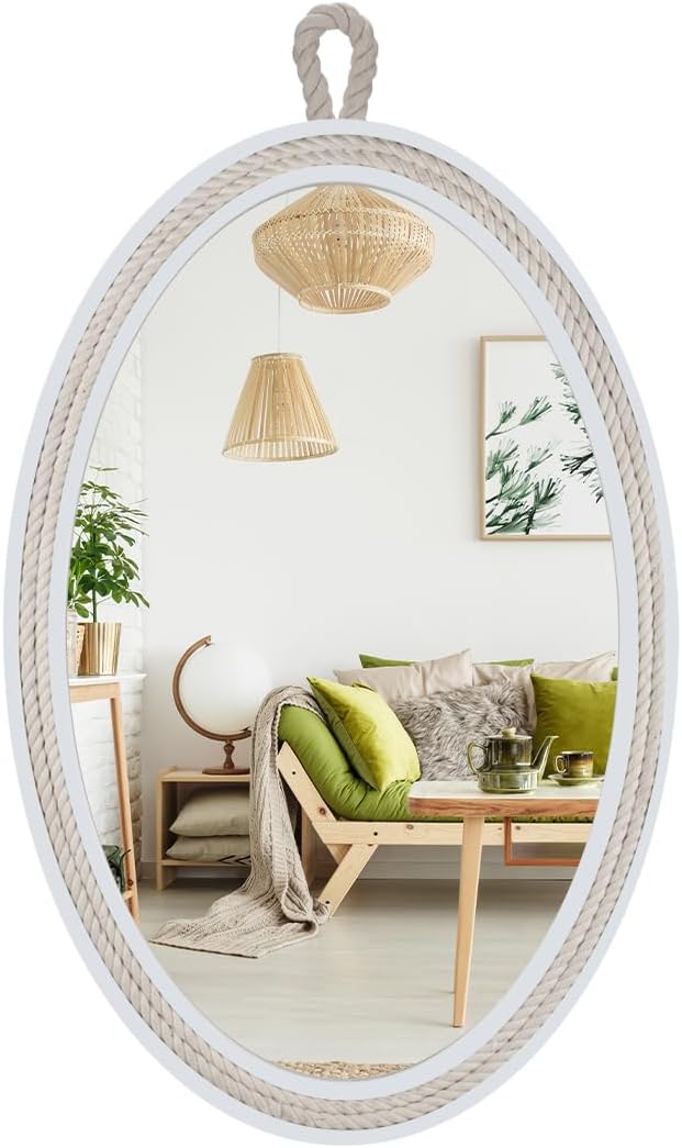 Farmhouse Wall Mirror Rope Mirror Decorative Mirror with Hanging Loop,Beach Nautical Mirror ,24 inches Lx16 inches W,Oval, White, Oval 24 inches Lx16 inches W