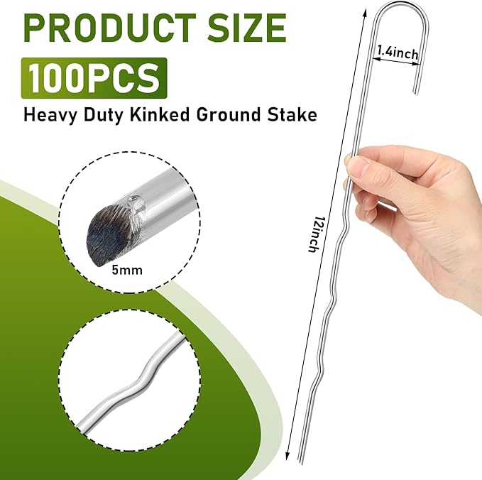 100 Pcs Kinked Ground Stakes 12 Inch Metal Garden Fence Edging Hook Heavy Duty J Shaped Galvanized Tent Fence Spikes for Dogs Digging Outdoor Awning Canopy Tarpaulin