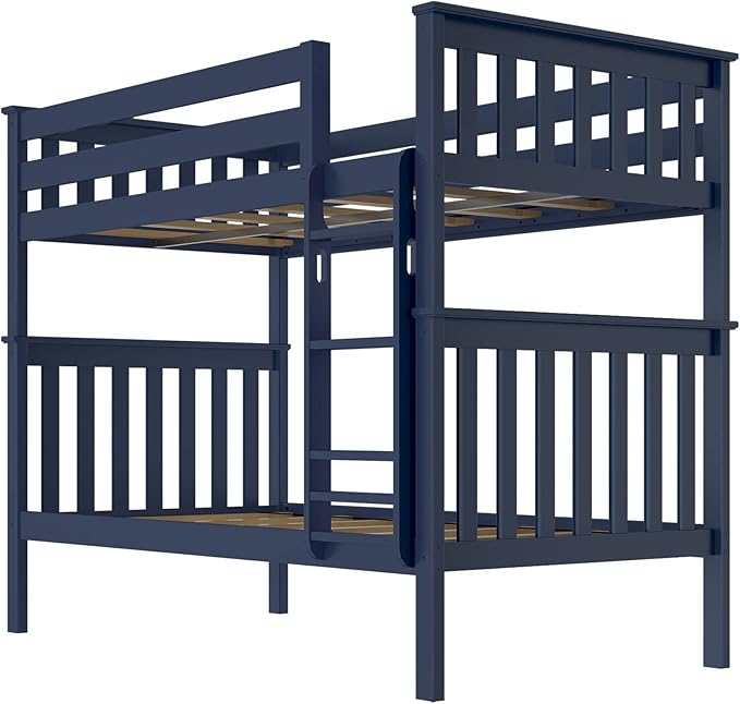 Max & Lily Bunk Bed Twin over Twin, Solid Wood Bunk Bed Frame with Ladder for Kids, 14" Safety Guardrails, Easy Assembly, No Box Spring Needed, Blue
