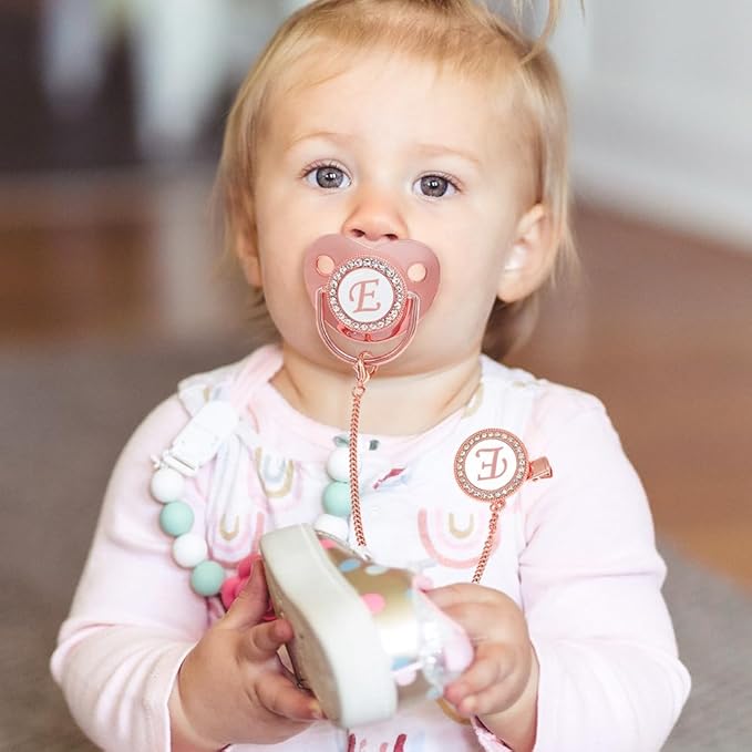 Bling Personalized Pink Baby Pacifier with Pacifier Clips and Anti-dust Cover A-Z 26 Letters(Pink,E)